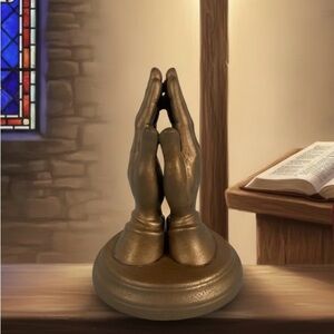 Vintage Ceramic Gold Praying Hands Statue 8” Tall Hand Painted Christian
